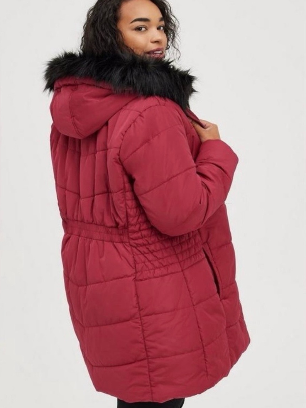 Torrid Deep Red Hooded Quilted Puffer Coat with Black Faux Fur Trim